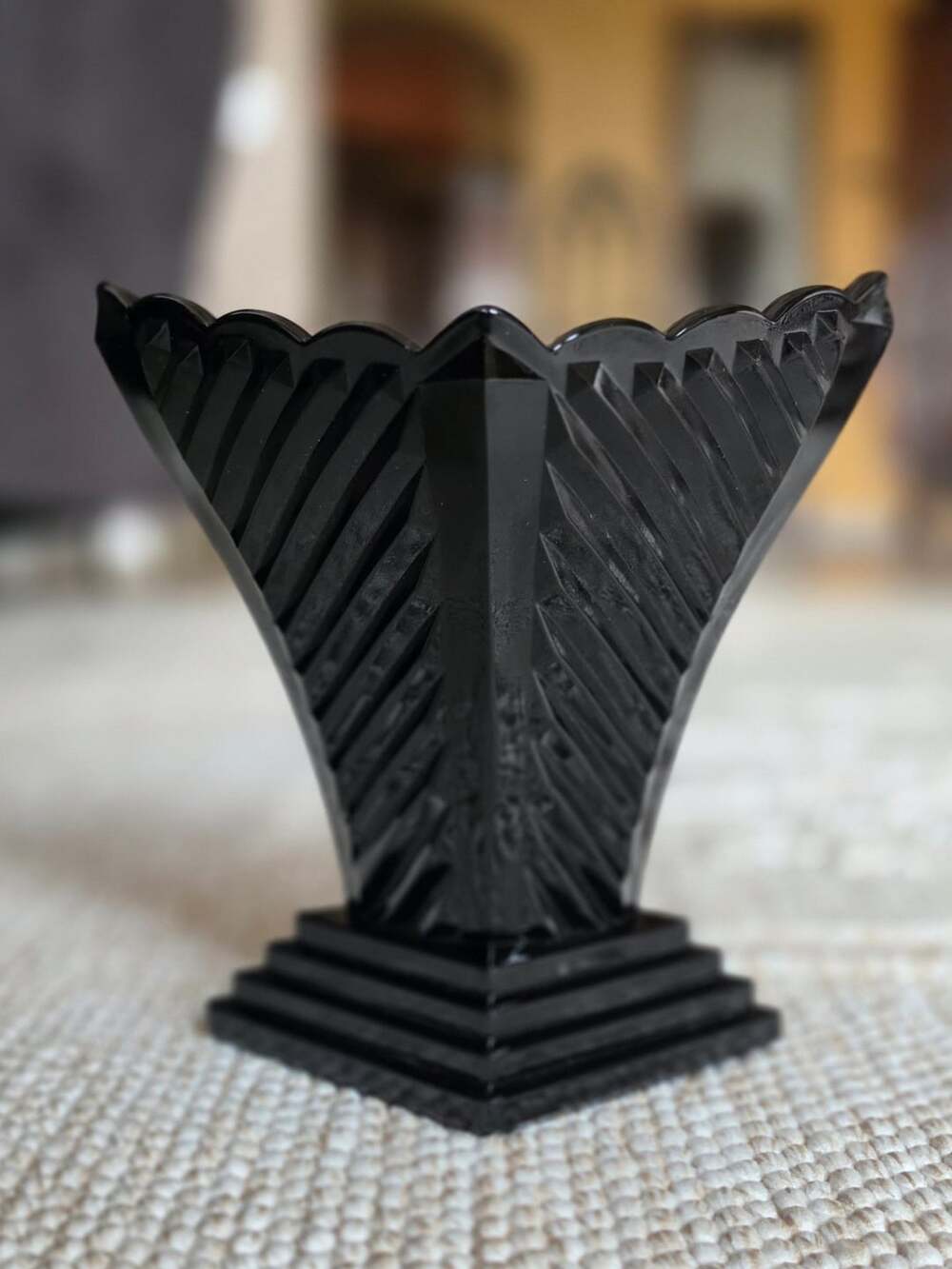 Tiara Indiana Glass Art Deco Black Glass Vase Fan Skyscraper Pattern